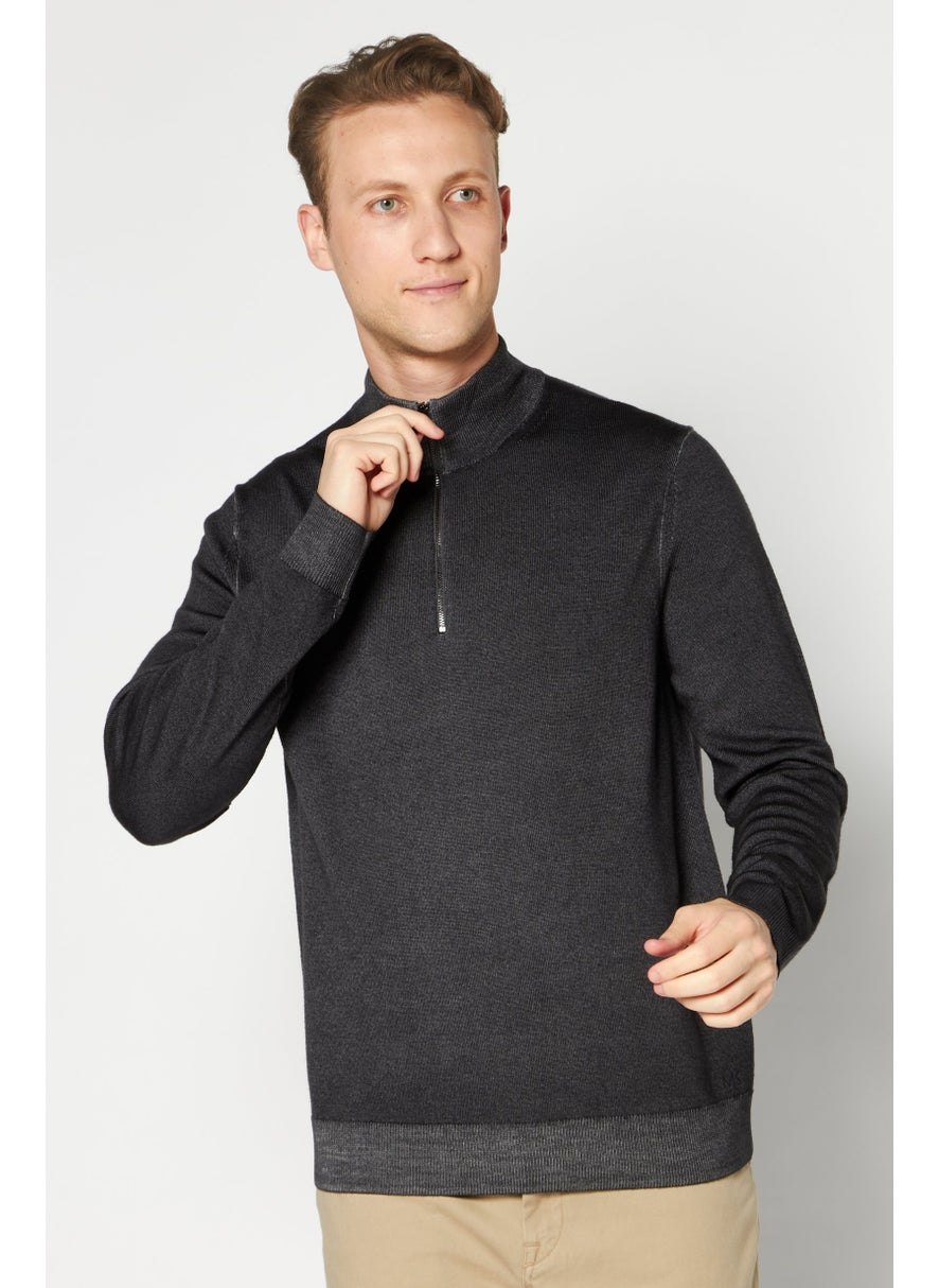 Men Mock Neck Knitted Sweater, Dark Grey
