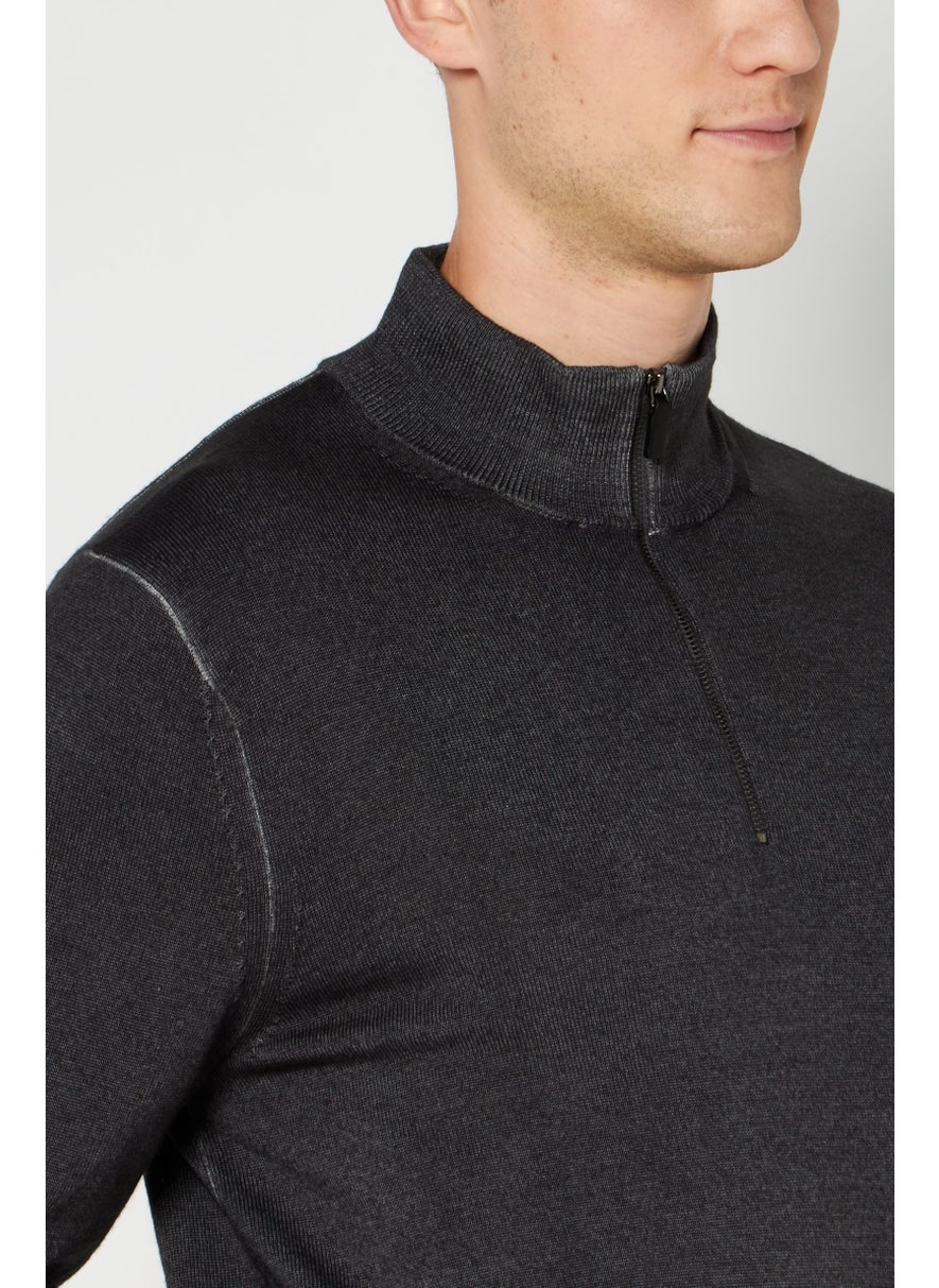 Men Mock Neck Knitted Sweater, Dark Grey