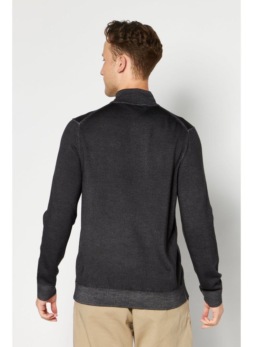 Men Mock Neck Knitted Sweater, Dark Grey