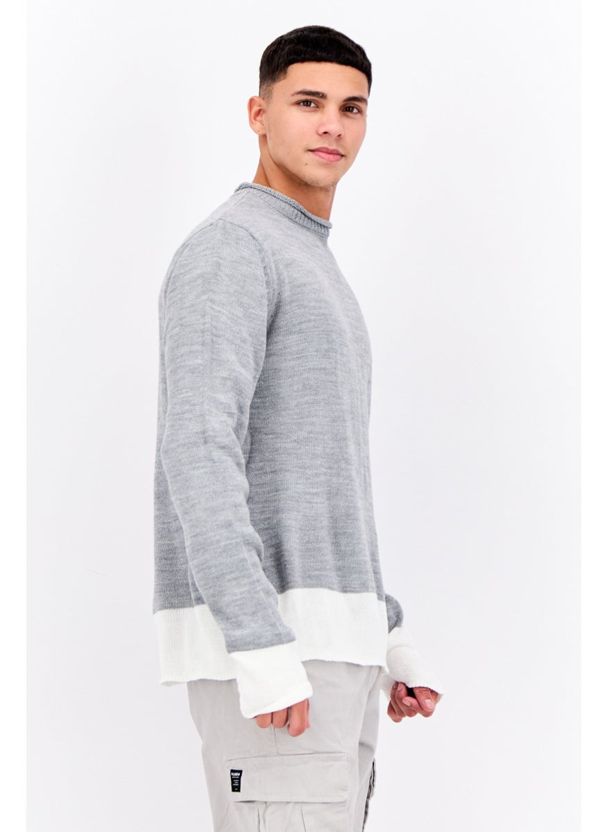 Men Crew Neck Two-tone Knit Sweater, Grey