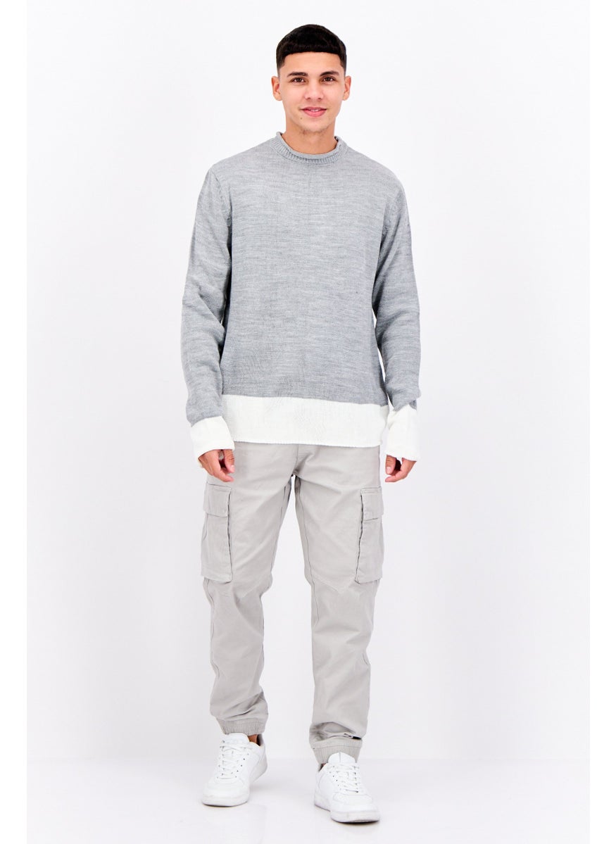 Men Crew Neck Two-tone Knit Sweater, Grey