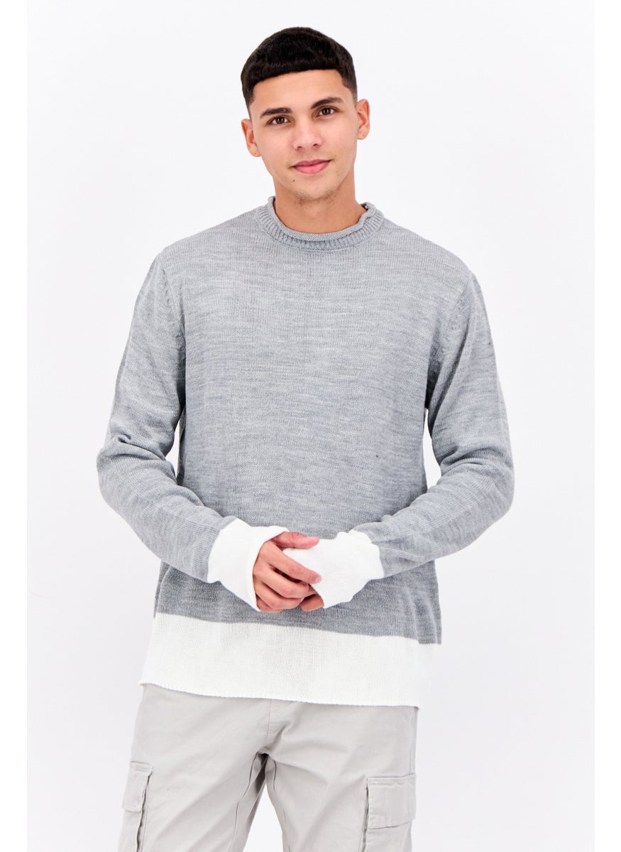 Men Crew Neck Two-tone Knit Sweater, Grey