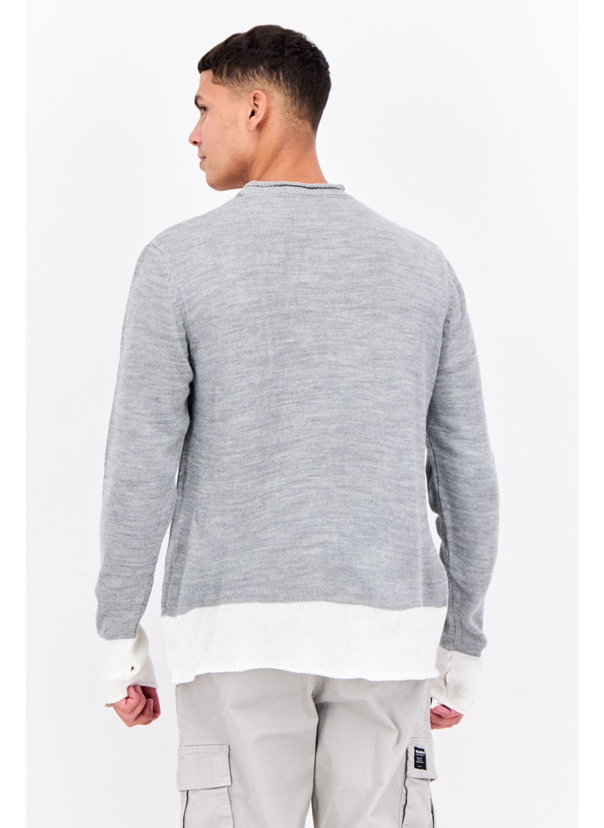 Men Crew Neck Two-tone Knit Sweater, Grey