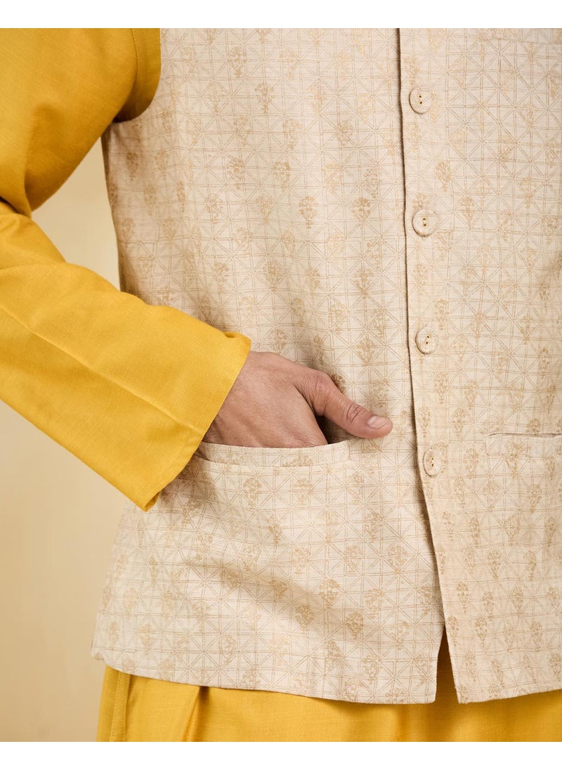 Beige Silk Blend Hand Block Printed Nehru Jacket