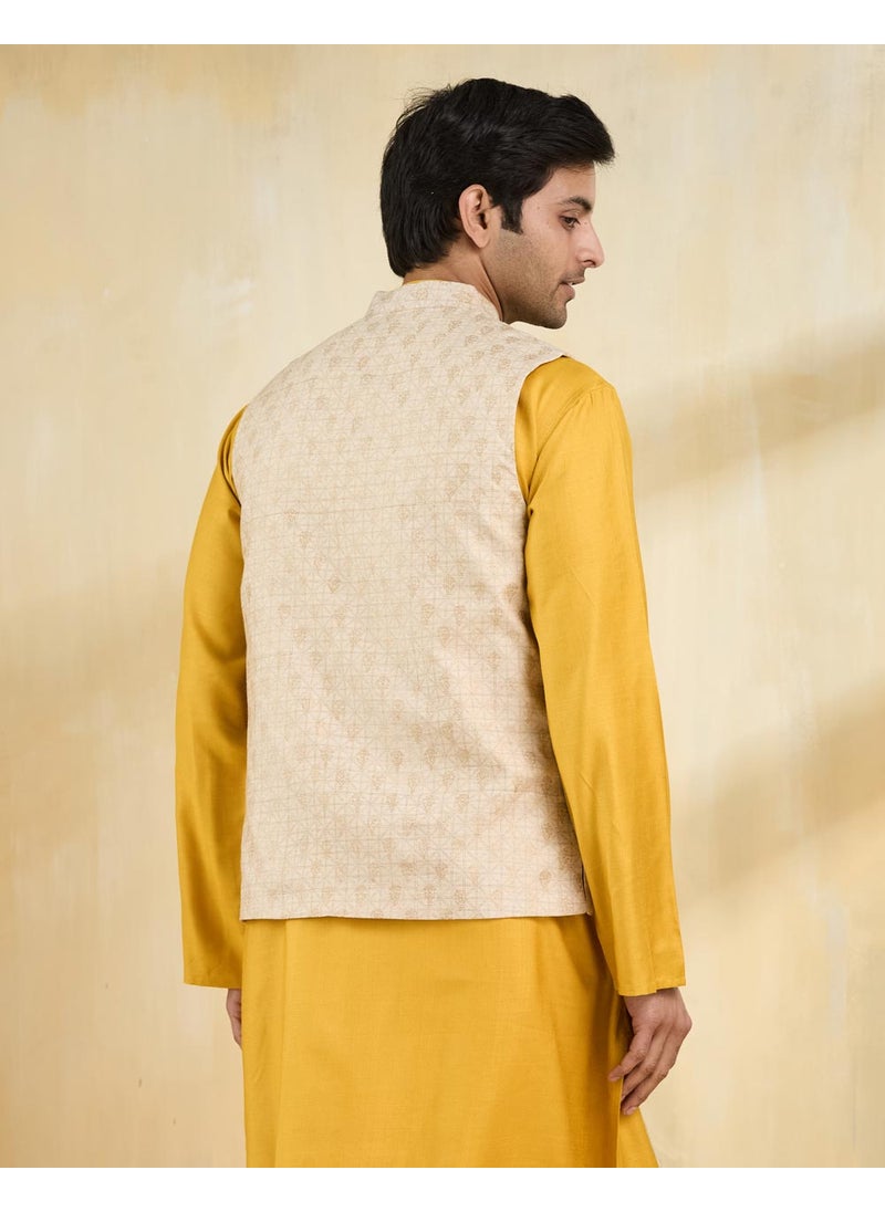 Beige Silk Blend Hand Block Printed Nehru Jacket