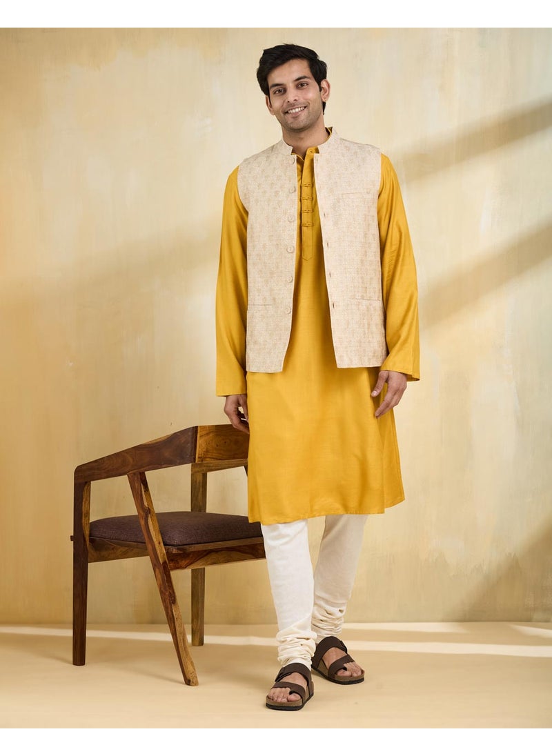 Beige Silk Blend Hand Block Printed Nehru Jacket