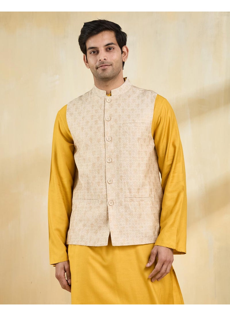 Beige Silk Blend Hand Block Printed Nehru Jacket