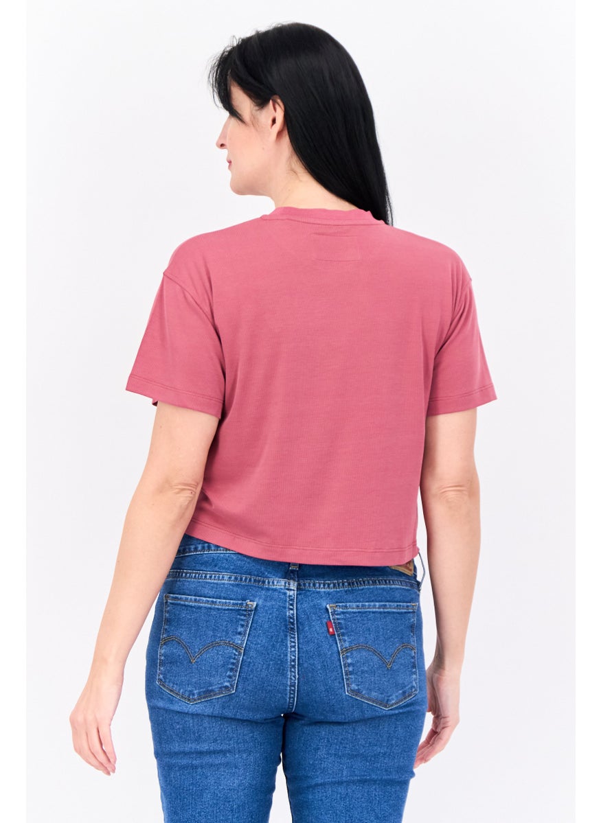 Women Crew Neck Short Sleeves Embroidered Logo Crop T-Shirt, Pink