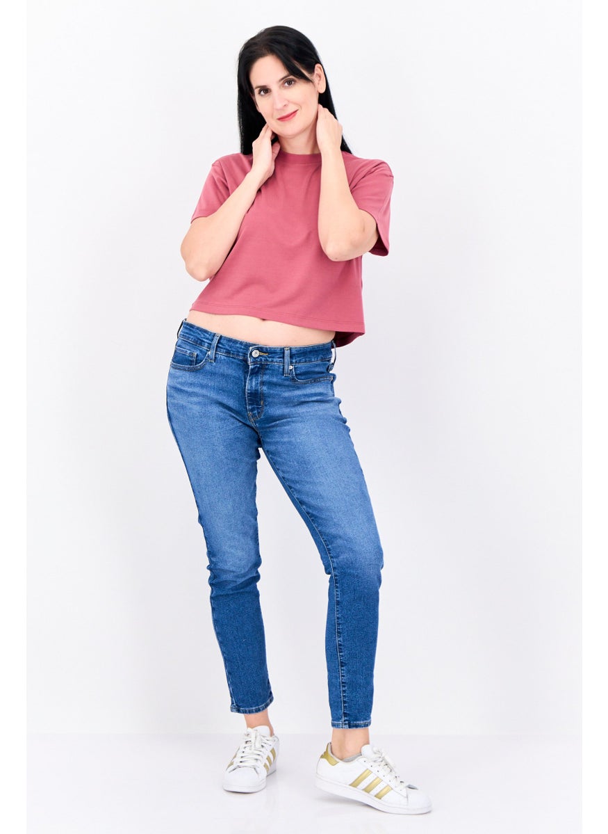 Women Crew Neck Short Sleeves Embroidered Logo Crop T-Shirt, Pink