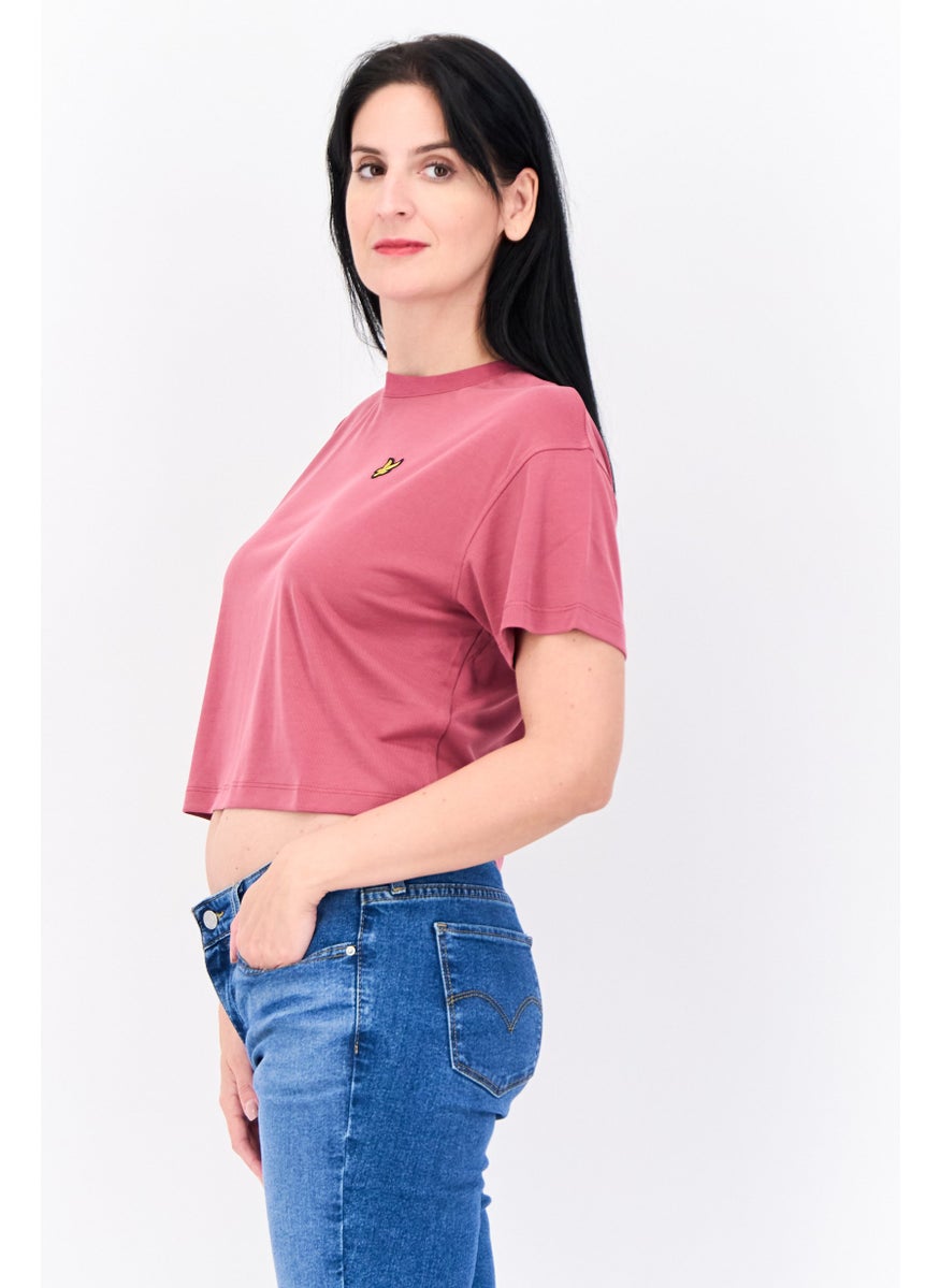 Women Crew Neck Short Sleeves Embroidered Logo Crop T-Shirt, Pink