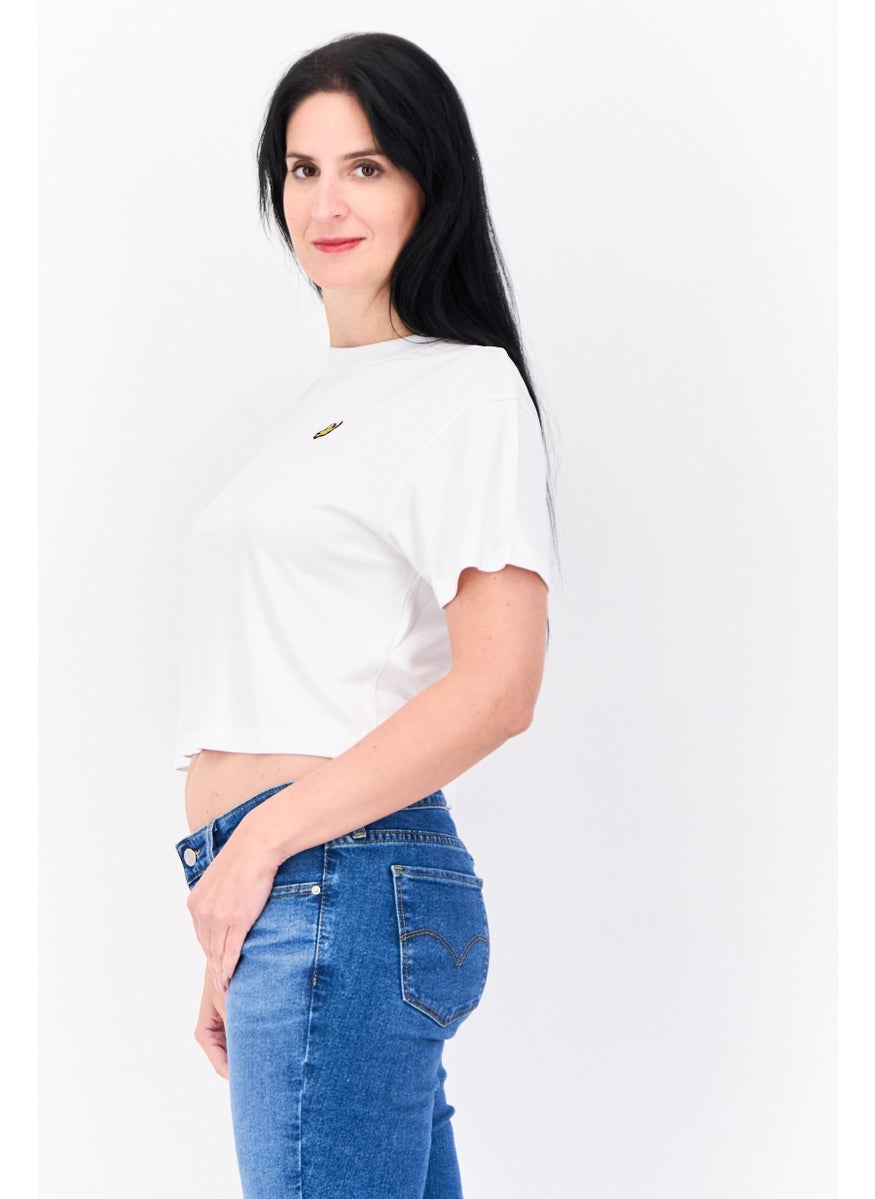 Women Crew Neck Short Sleeves Embroidered Logo Crop T-Shirt, White