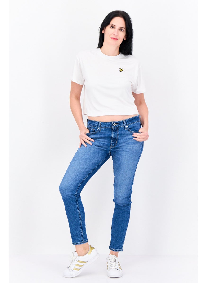 Women Crew Neck Short Sleeves Embroidered Logo Crop T-Shirt, White