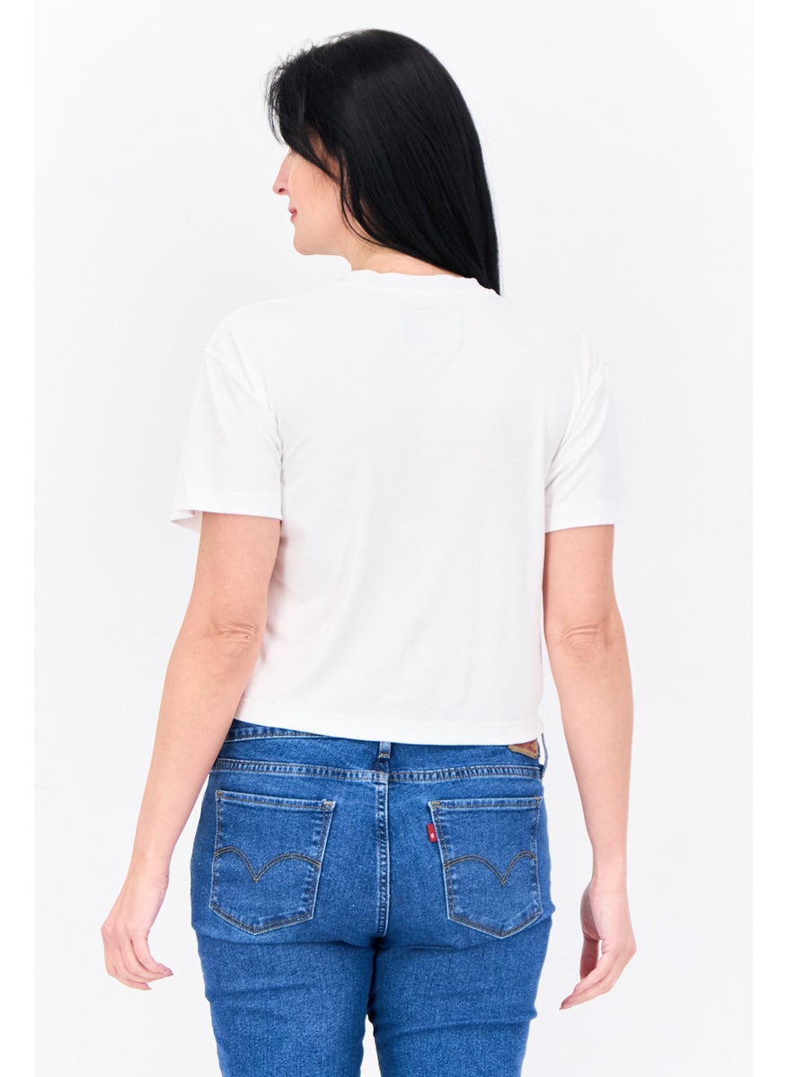 Women Crew Neck Short Sleeves Embroidered Logo Crop T-Shirt, White