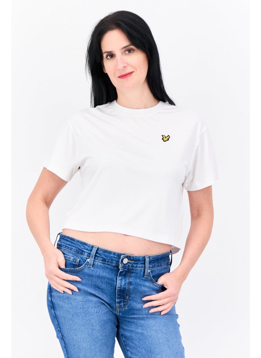 Women Crew Neck Short Sleeves Embroidered Logo Crop T-Shirt, White