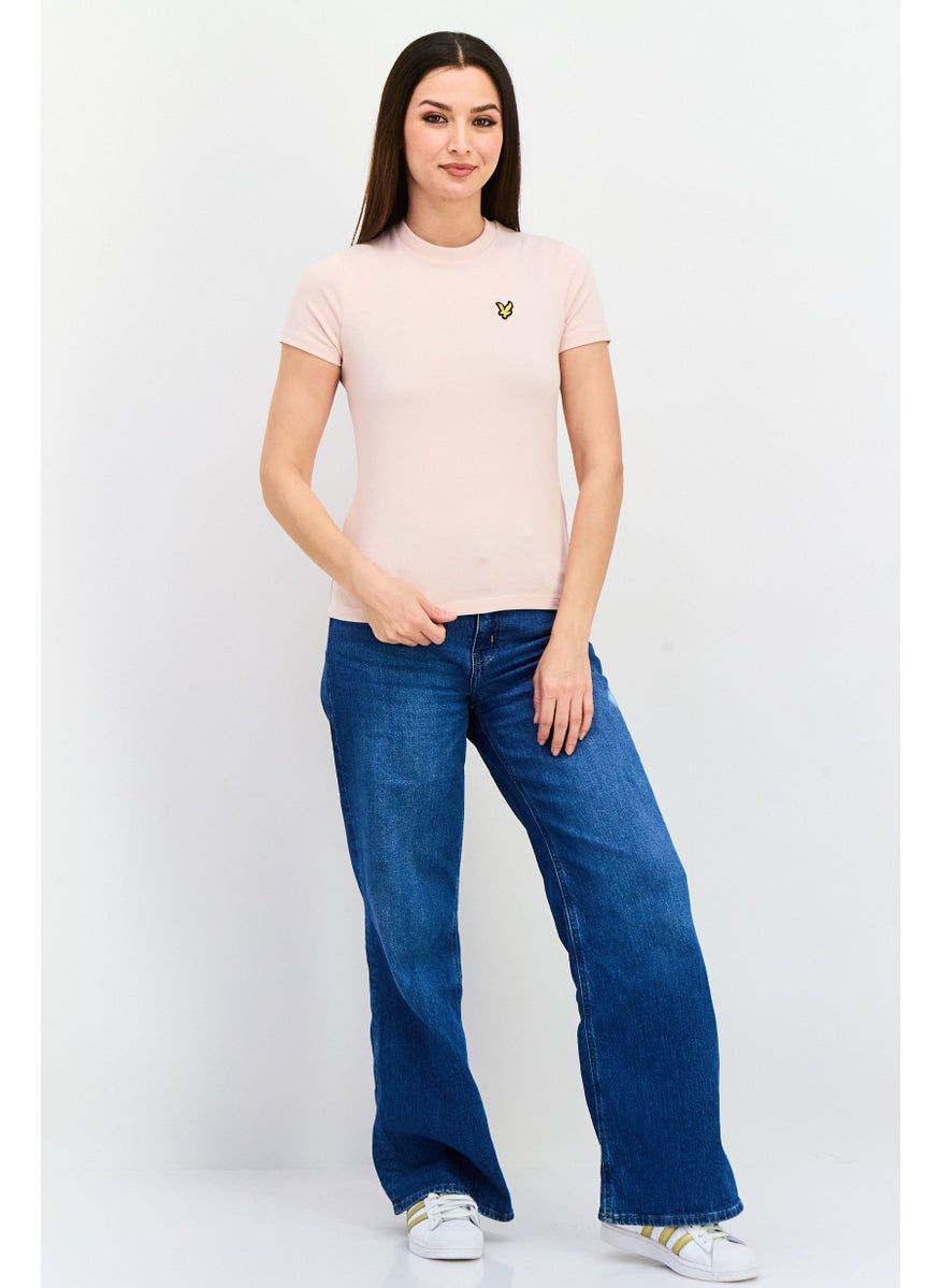 Women Crew Neck Short Sleeve Brand Logo Top, Light Pink