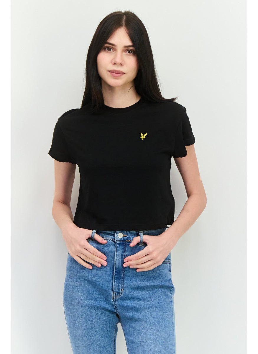 Women Round Neck Short Sleeves Brand Logo T-Shirt, Black