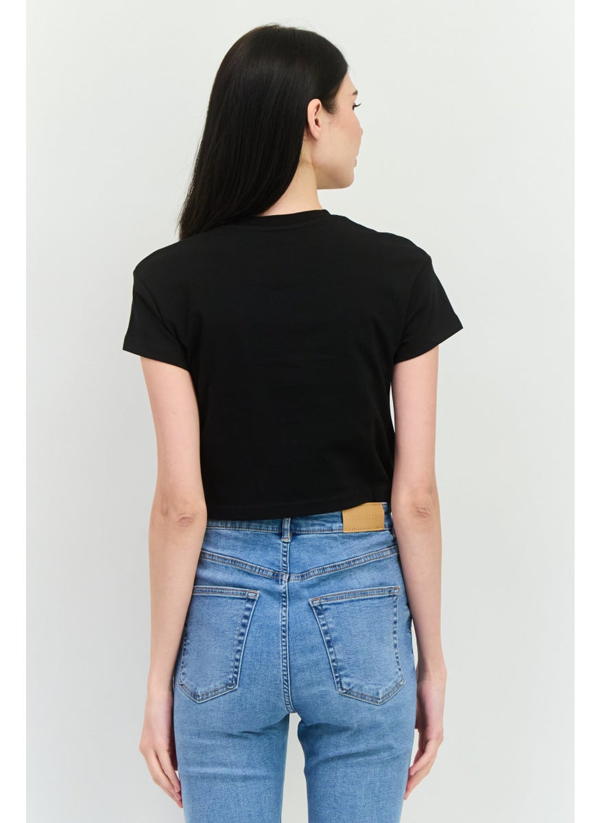 Women Round Neck Short Sleeves Brand Logo T-Shirt, Black