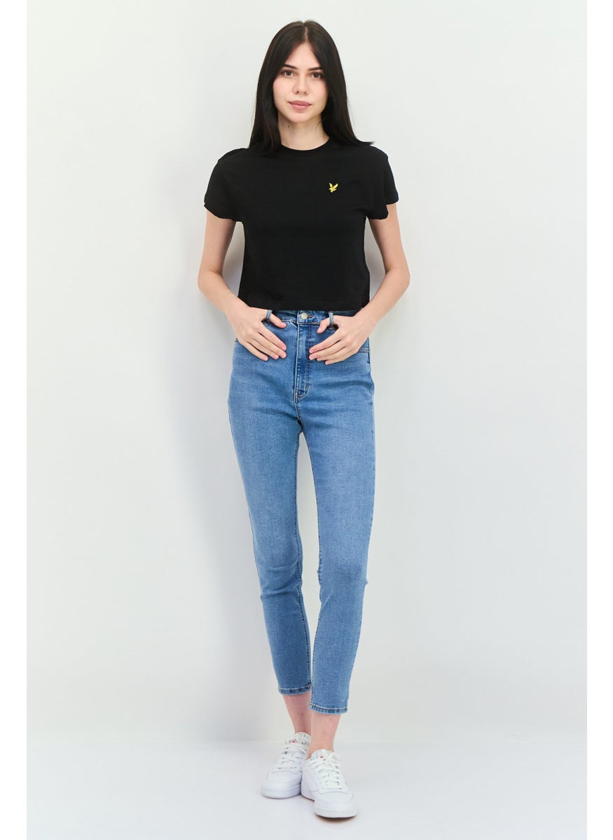 Women Round Neck Short Sleeves Brand Logo T-Shirt, Black