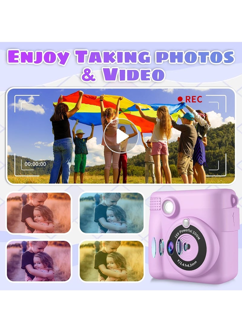 Kids Camera- Instant Print Camera 1080P 2.4 Inch Screen Digital Children Video Camcorder Camera with 16X Digital Zoom 32GB TF Card 3 Rolls Paper Included