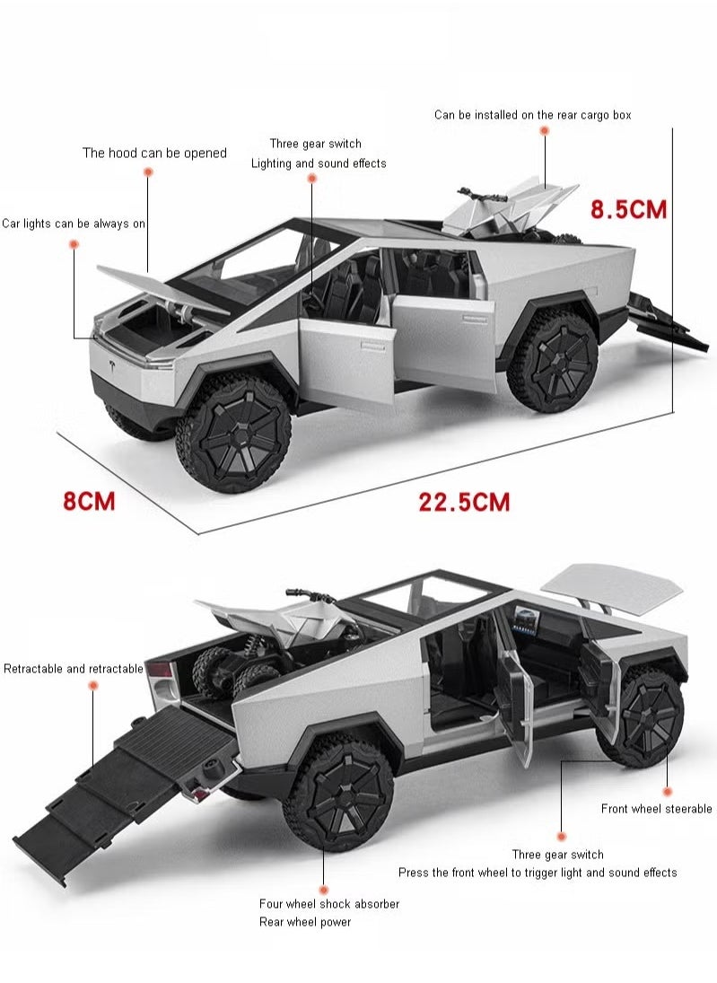 1:24 Scale Tesla Cyber truck Simulation Alloy Mini Die-casting Model Toy Comes with Tesla Motorcycle Sound and Light Car Decoration Collection Children's Gift-Silver