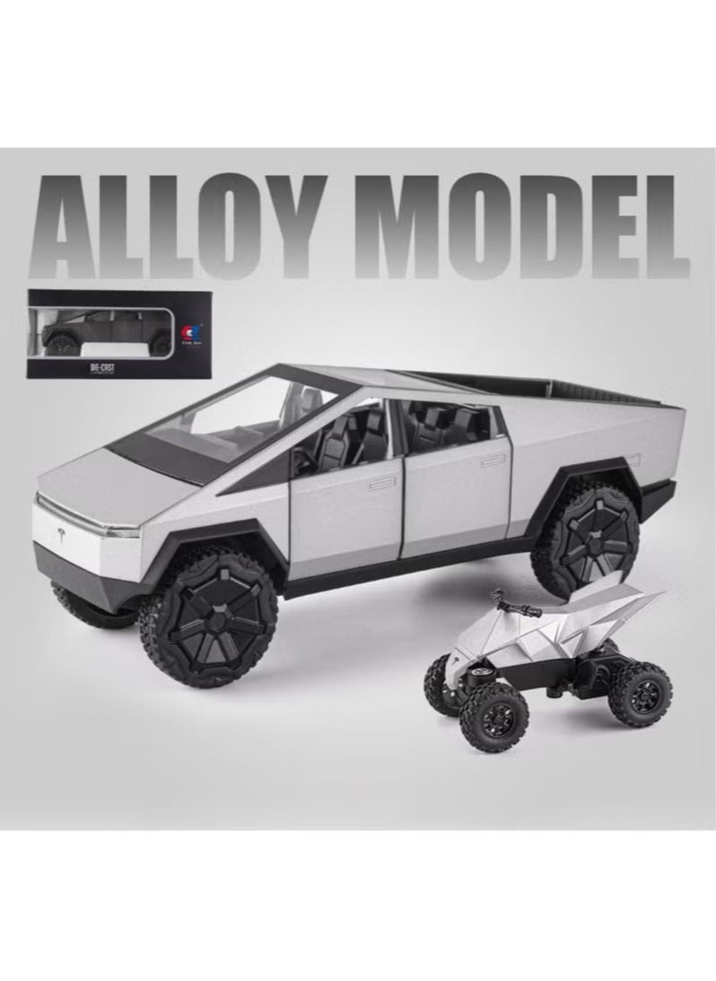 1:24 Scale Tesla Cyber truck Simulation Alloy Mini Die-casting Model Toy Comes with Tesla Motorcycle Sound and Light Car Decoration Collection Children's Gift-Silver