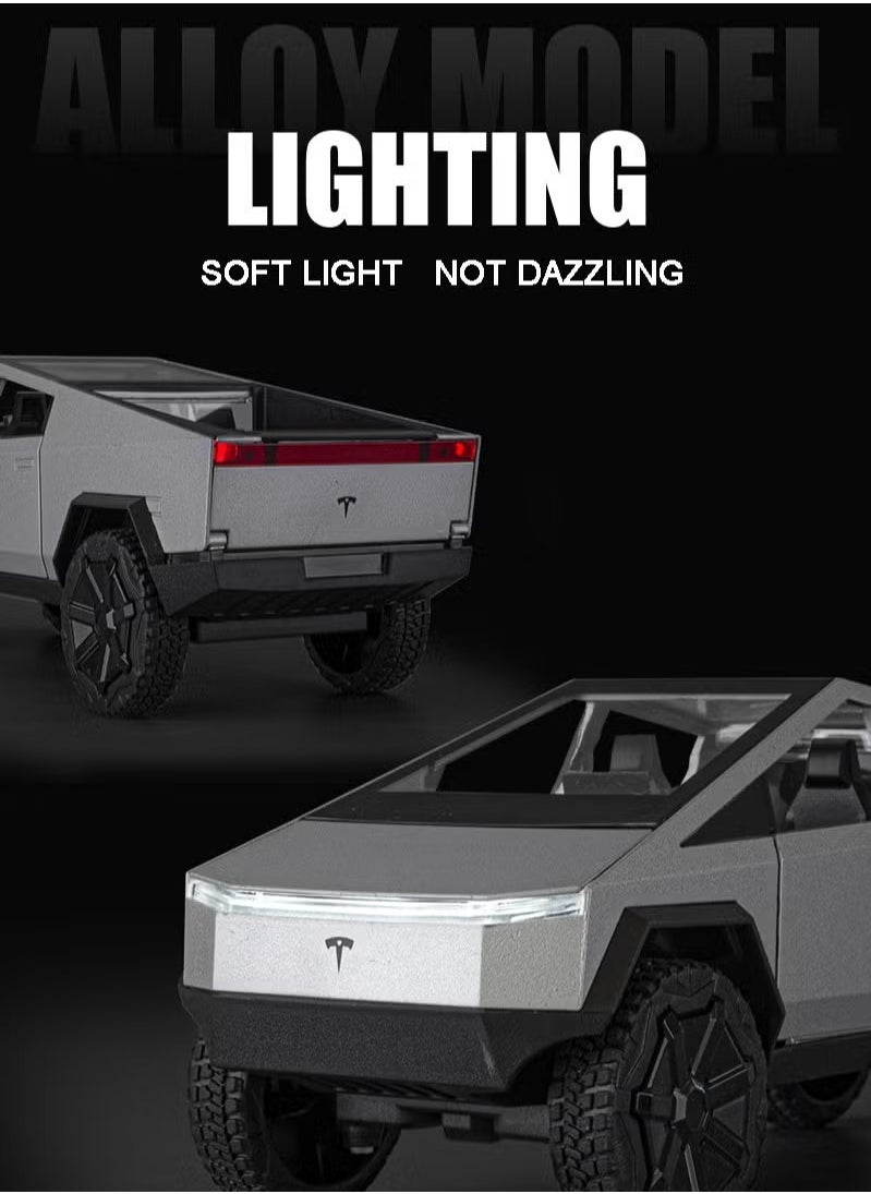 1:24 Scale Tesla Cyber truck Simulation Alloy Mini Die-casting Model Toy Comes with Tesla Motorcycle Sound and Light Car Decoration Collection Children's Gift-Silver