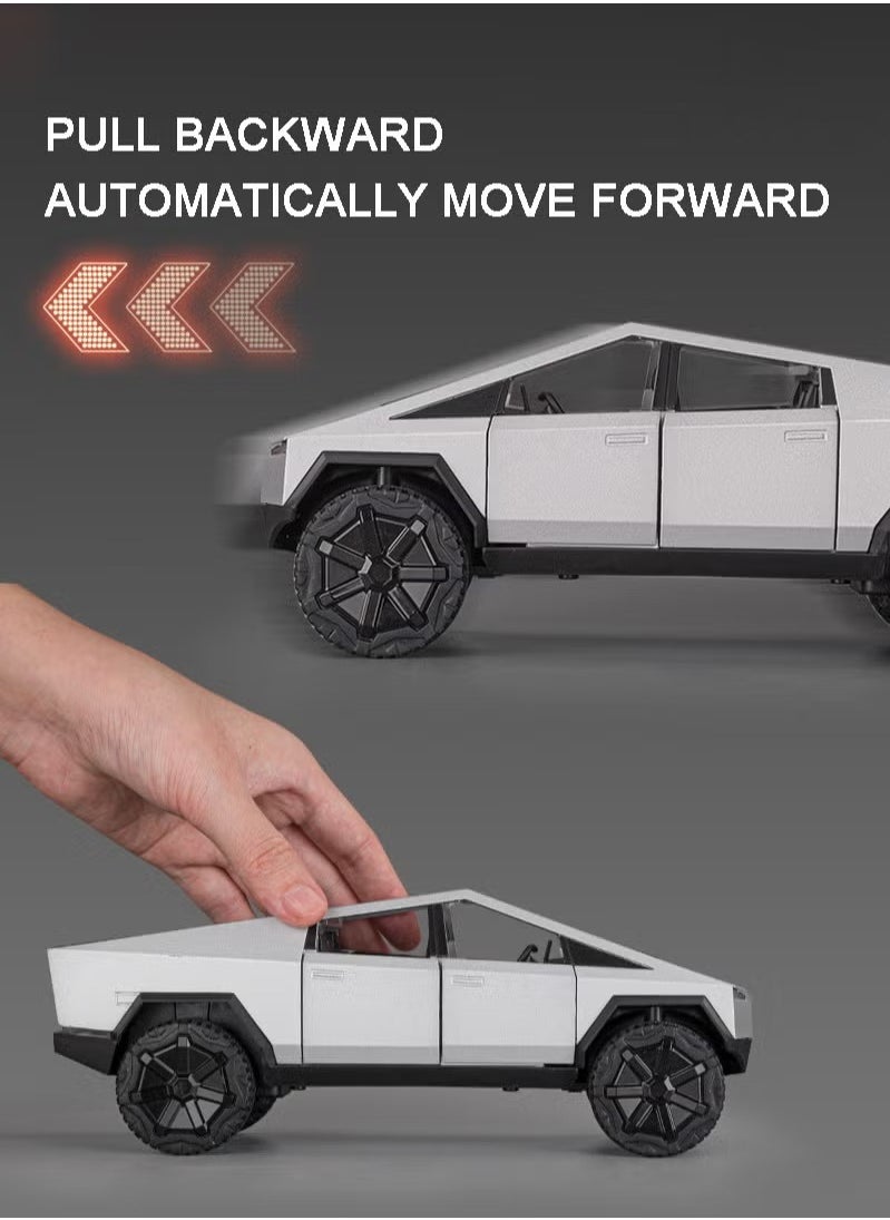 1:24 Scale Tesla Cyber truck Simulation Alloy Mini Die-casting Model Toy Comes with Tesla Motorcycle Sound and Light Car Decoration Collection Children's Gift-Silver