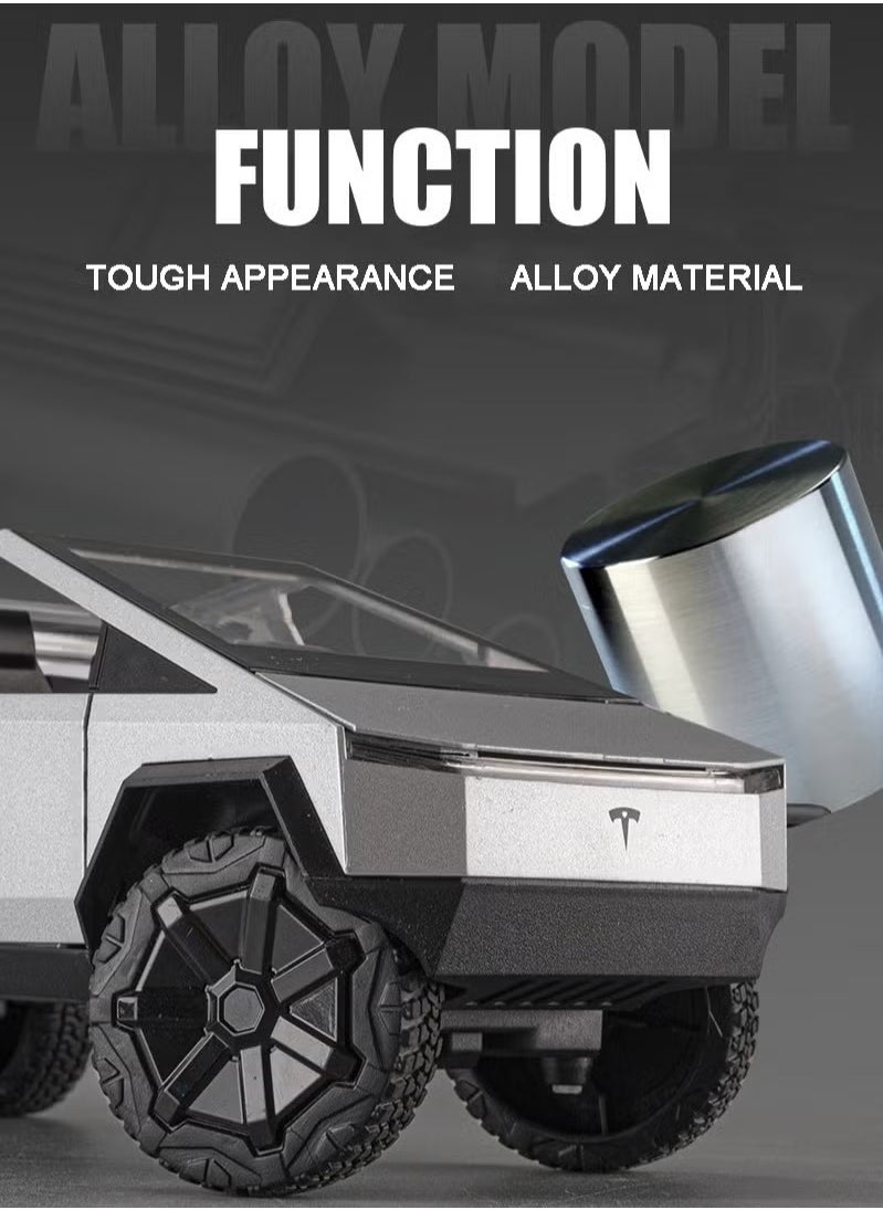 1:24 Scale Tesla Cyber truck Simulation Alloy Mini Die-casting Model Toy Comes with Tesla Motorcycle Sound and Light Car Decoration Collection Children's Gift-Silver