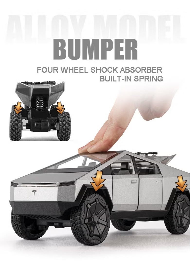 1:24 Scale Tesla Cyber truck Simulation Alloy Mini Die-casting Model Toy Comes with Tesla Motorcycle Sound and Light Car Decoration Collection Children's Gift-Silver