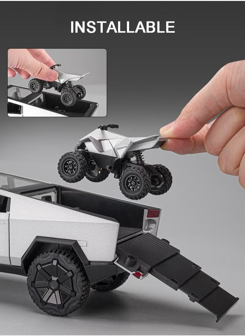 1:24 Scale Tesla Cyber truck Simulation Alloy Mini Die-casting Model Toy Comes with Tesla Motorcycle Sound and Light Car Decoration Collection Children's Gift-Silver