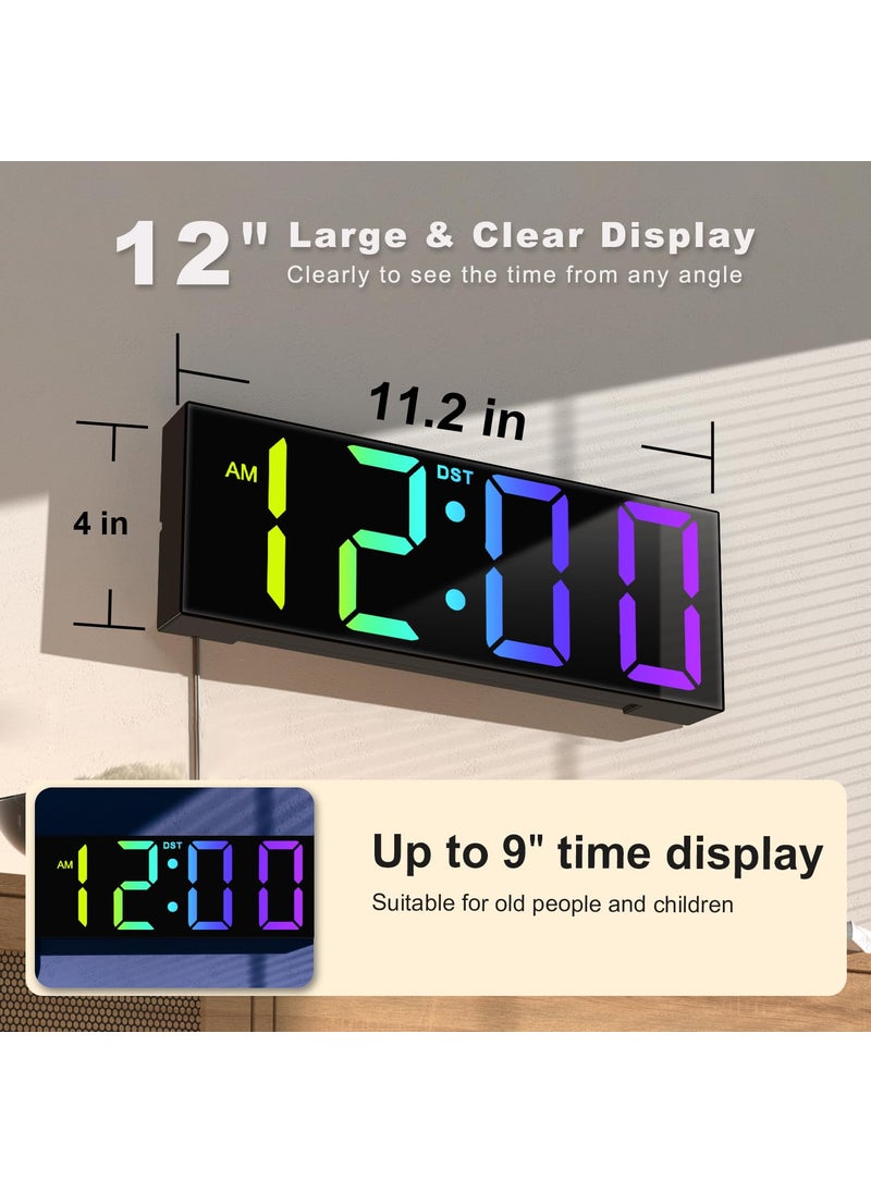 JALL 12'' Large Digital Wall Clock with Remote Control, Big LED Screen Dispaly, 8 RGB Colors, DST, Night Light for Living Room, Bedroom, Gift for Elderly (Black)
