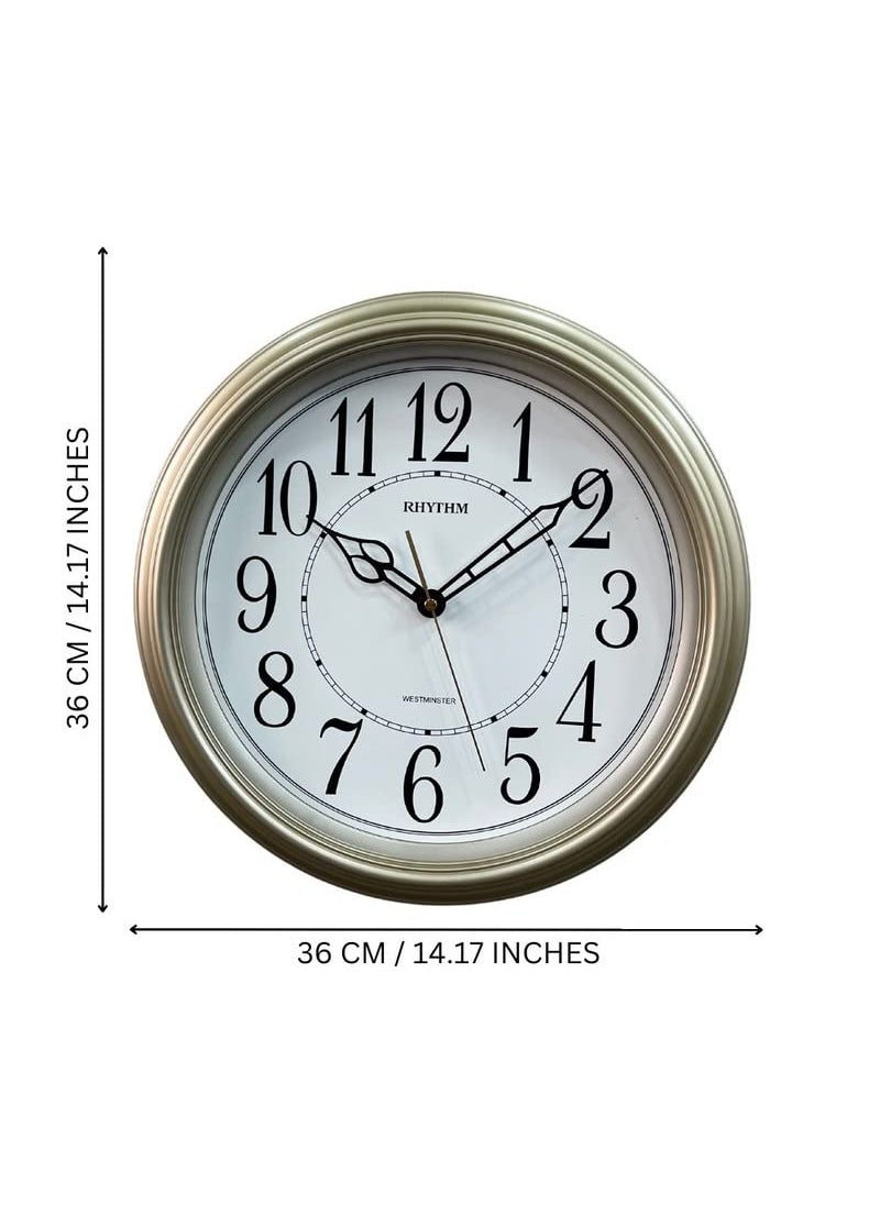 RHYTHM (Japan Classic Round Plastic Case Golden Color Arabic Numerals Analog Home/Office Décor Wall Clock (Size: 36 x 5.6 x 36 CM | Weight: 900 grm)