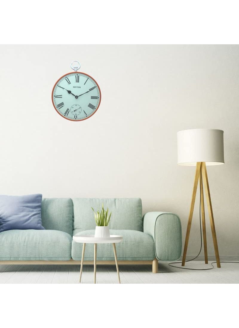 RHYTHM ( Japan Elegant Round Metal Case Orange Roman Numbers White Dial Analog Hanger Dual Wall Clock for Living Room Home Decor Gifts (Size: 36 x 4.6 x 38.5 CM | Weight: 500 gram)