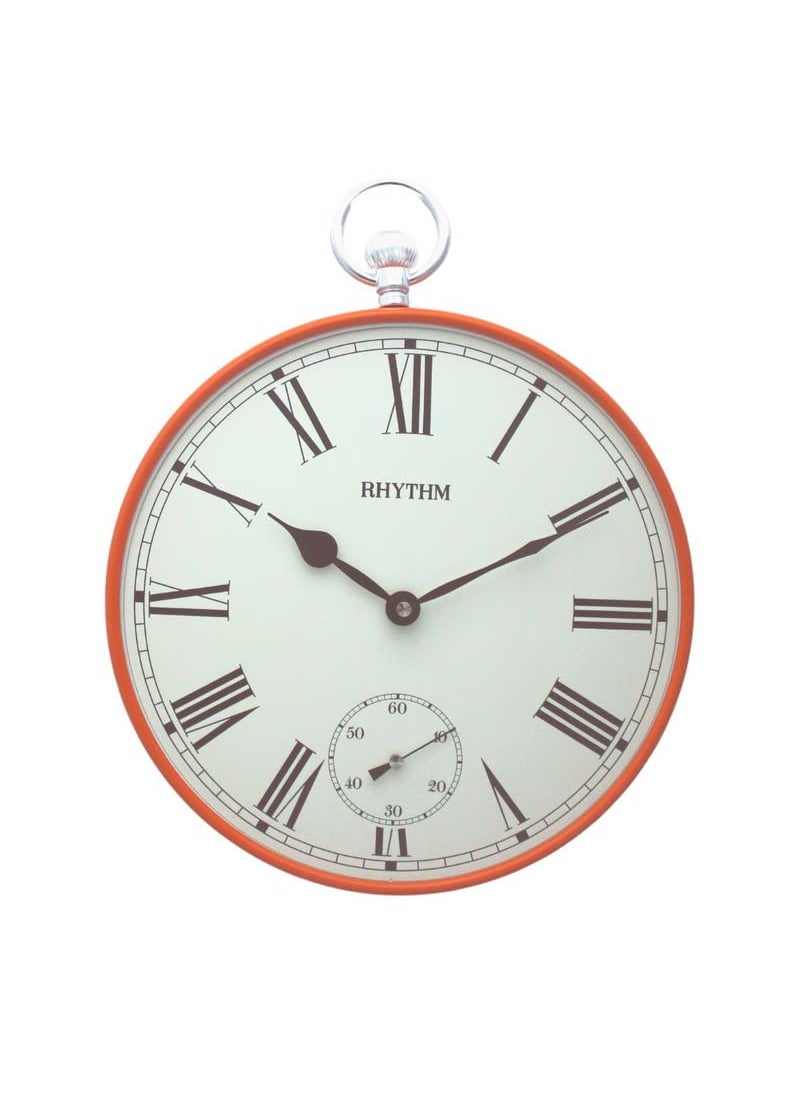 RHYTHM ( Japan Elegant Round Metal Case Orange Roman Numbers White Dial Analog Hanger Dual Wall Clock for Living Room Home Decor Gifts (Size: 36 x 4.6 x 38.5 CM | Weight: 500 gram)