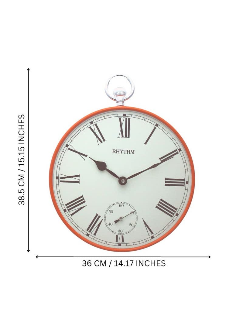 RHYTHM ( Japan Elegant Round Metal Case Orange Roman Numbers White Dial Analog Hanger Dual Wall Clock for Living Room Home Decor Gifts (Size: 36 x 4.6 x 38.5 CM | Weight: 500 gram)
