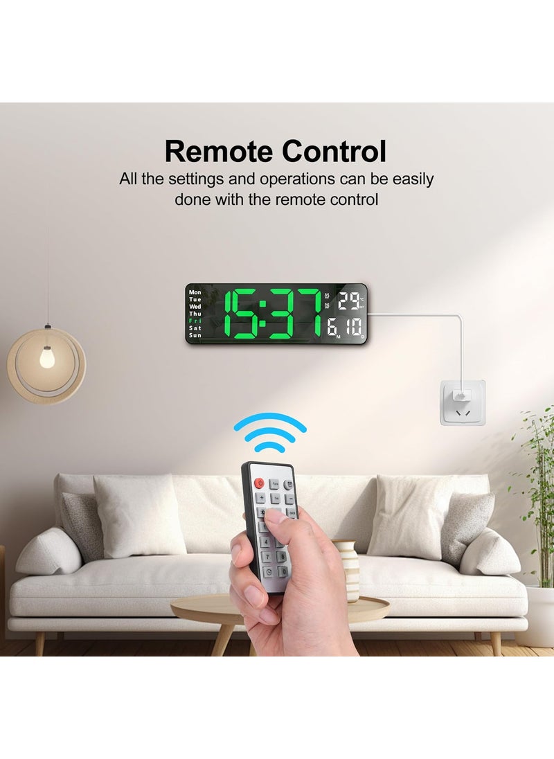 Lafocuse Silent Digital Wall Clock Large Display 13 Inch with Date Week Temperature, LED Clock with Remote Control for Living Room Decor Office Kitchen, Automatic Brightness Dimmer, Countdown, Green