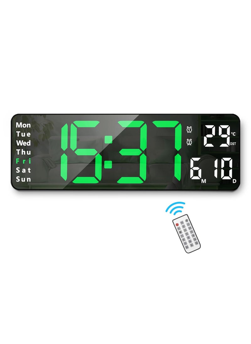 Lafocuse Silent Digital Wall Clock Large Display 13 Inch with Date Week Temperature, LED Clock with Remote Control for Living Room Decor Office Kitchen, Automatic Brightness Dimmer, Countdown, Green