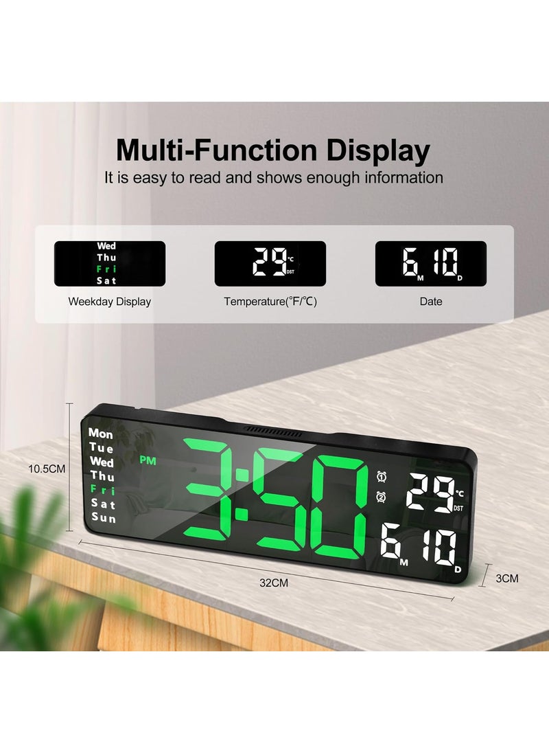 Lafocuse Silent Digital Wall Clock Large Display 13 Inch with Date Week Temperature, LED Clock with Remote Control for Living Room Decor Office Kitchen, Automatic Brightness Dimmer, Countdown, Green