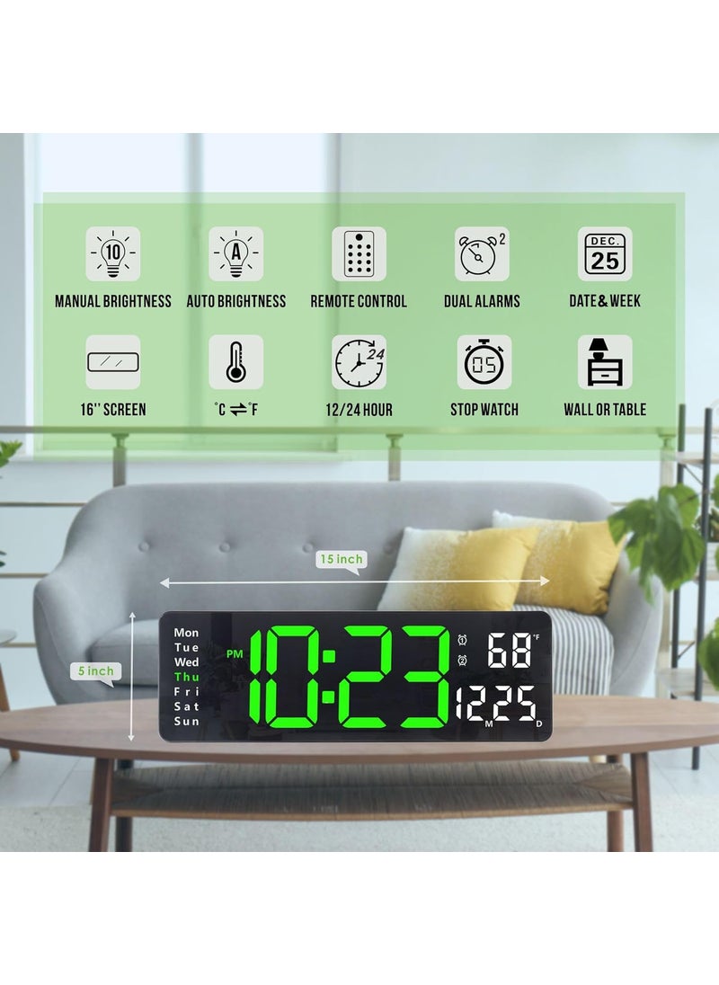 Plumeet 16'' Large LED Wall Clock with Remote Control, Big Digits, Auto-Dimming, 2 Alarm, Silent, Green