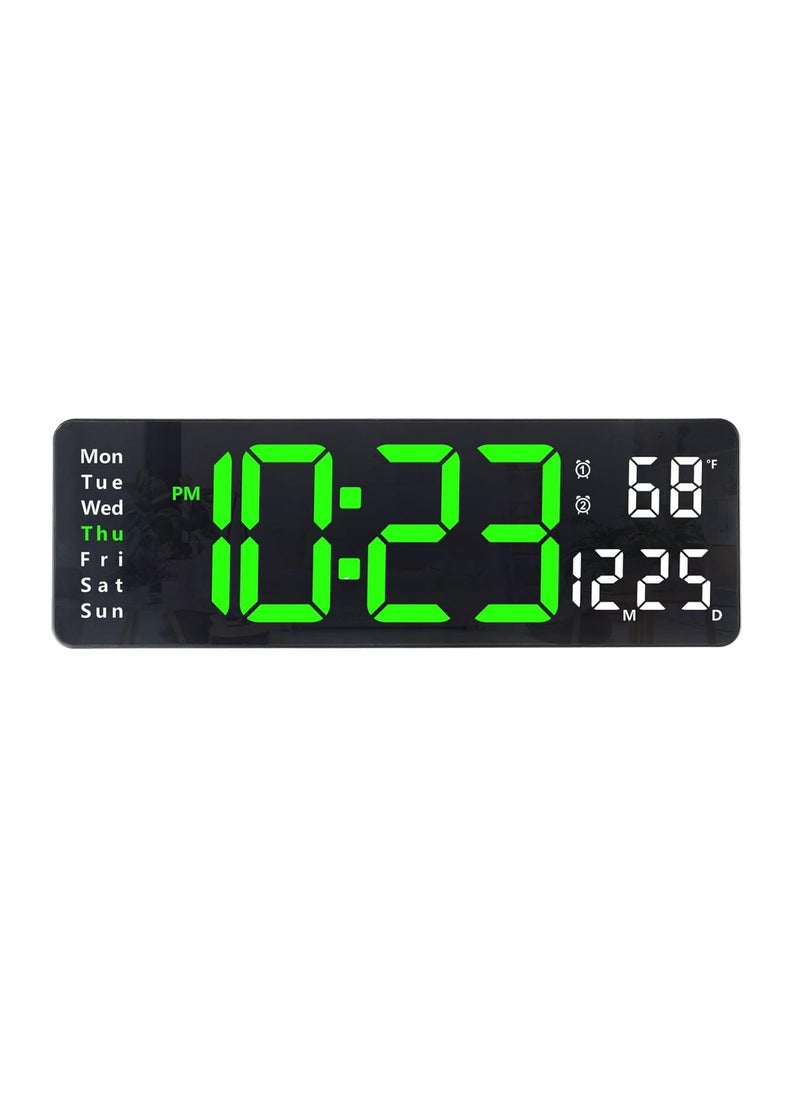 Plumeet 16'' Large LED Wall Clock with Remote Control, Big Digits, Auto-Dimming, 2 Alarm, Silent, Green