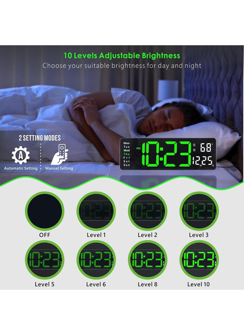 Plumeet 16'' Large LED Wall Clock with Remote Control, Big Digits, Auto-Dimming, 2 Alarm, Silent, Green