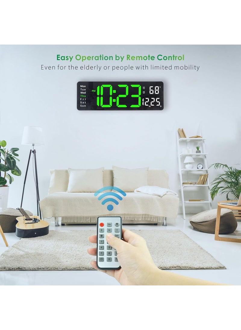 Plumeet 16'' Large LED Wall Clock with Remote Control, Big Digits, Auto-Dimming, 2 Alarm, Silent, Green