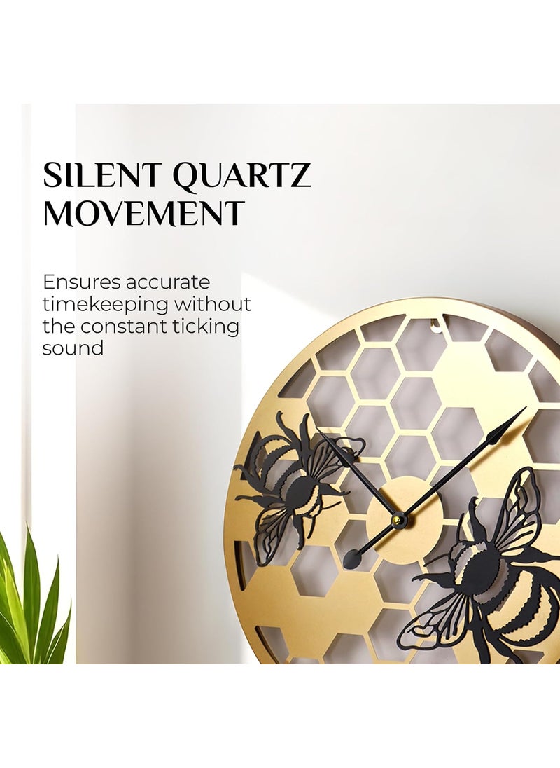 Lumia Luxury Metal Analog Display Wall Clock with Honey Bees Design|Golden|Perfect Home Decor Item|Wall Clock for Living Room, Bedroom| 40 cm | Great Gifting Item for Housewarmings, Weddings.