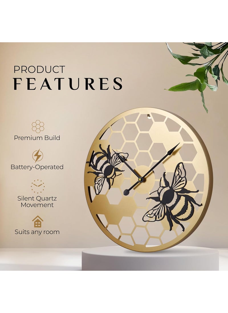 Lumia Luxury Metal Analog Display Wall Clock with Honey Bees Design|Golden|Perfect Home Decor Item|Wall Clock for Living Room, Bedroom| 40 cm | Great Gifting Item for Housewarmings, Weddings.