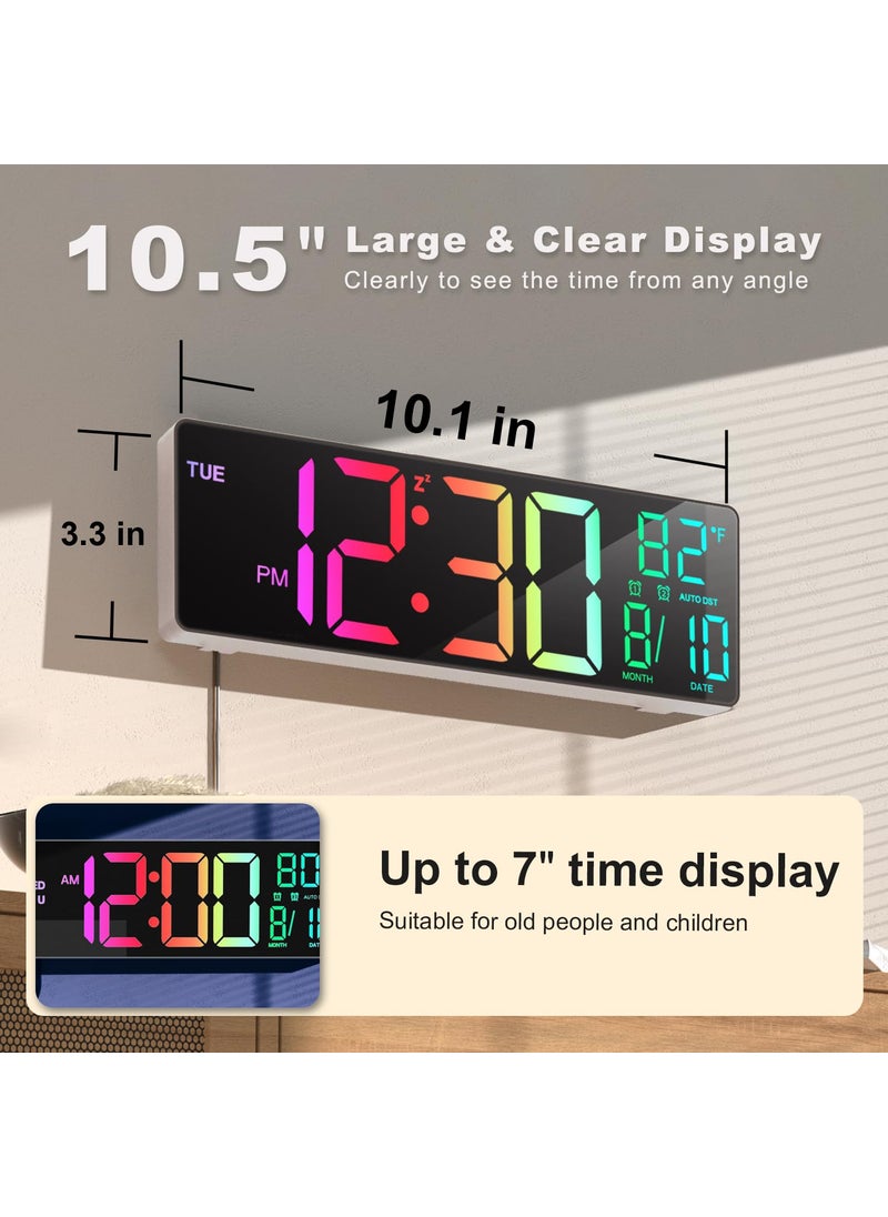 JALL 10.5'' Large Digital Wall Clock with Remote Control, Dual Alarm with Big LED Screen Dispaly, 8 RGB Colors, Auto DST, Temperature for Living Room, Bedroom, Gift for Elderly (White, 10.5 inches)