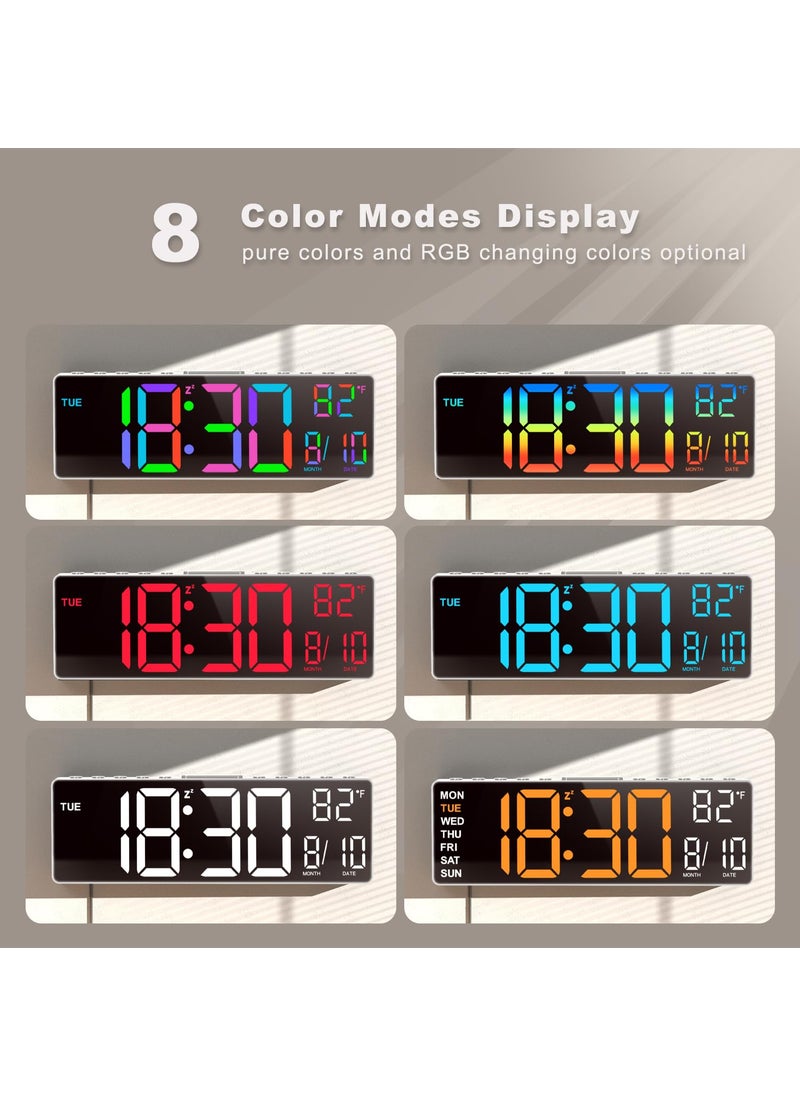 JALL 10.5'' Large Digital Wall Clock with Remote Control, Dual Alarm with Big LED Screen Dispaly, 8 RGB Colors, Auto DST, Temperature for Living Room, Bedroom, Gift for Elderly (White, 10.5 inches)