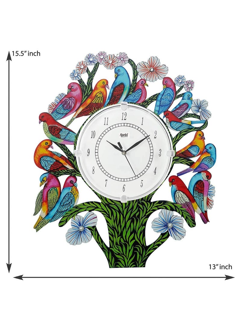 CIRCADIAN Ajanta Wooden Analog Wall Clock Design for Home Hall Living Room Decor Office Kids Bedroom Stylish Ethnic Antique Decorative White Colour Bird Tree 41 x 33 cm Pack of 1