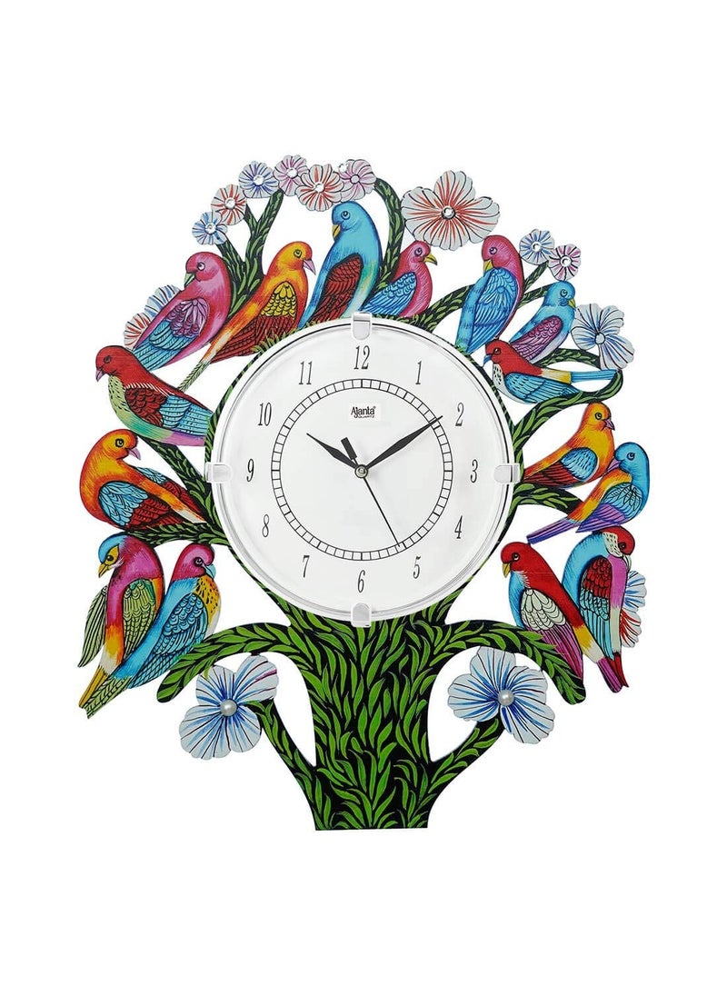 CIRCADIAN Ajanta Wooden Analog Wall Clock Design for Home Hall Living Room Decor Office Kids Bedroom Stylish Ethnic Antique Decorative White Colour Bird Tree 41 x 33 cm Pack of 1