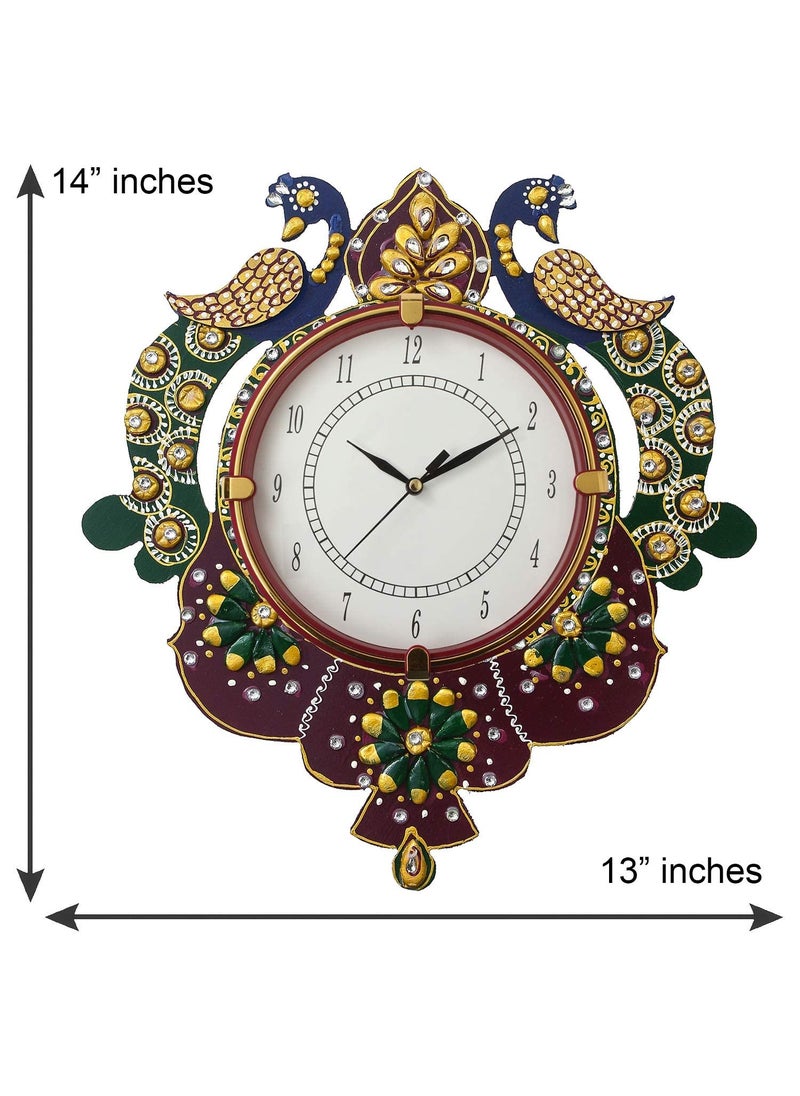 CIRCADIAN Hand-Made Engineering Wood Ethnic Couple Peacock Wall Clock for Home, Office (Size: 14X13 in || Color: Green-Maroon)
