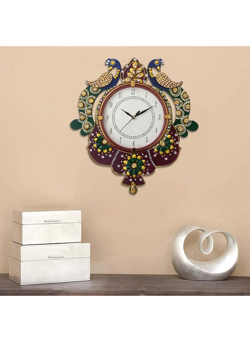 CIRCADIAN Hand-Made Engineering Wood Ethnic Couple Peacock Wall Clock for Home, Office (Size: 14X13 in || Color: Green-Maroon)